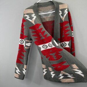 Aztec Southwestern Sweater M Cardigan Open Pockets Red Gray Beige Chunky Boho